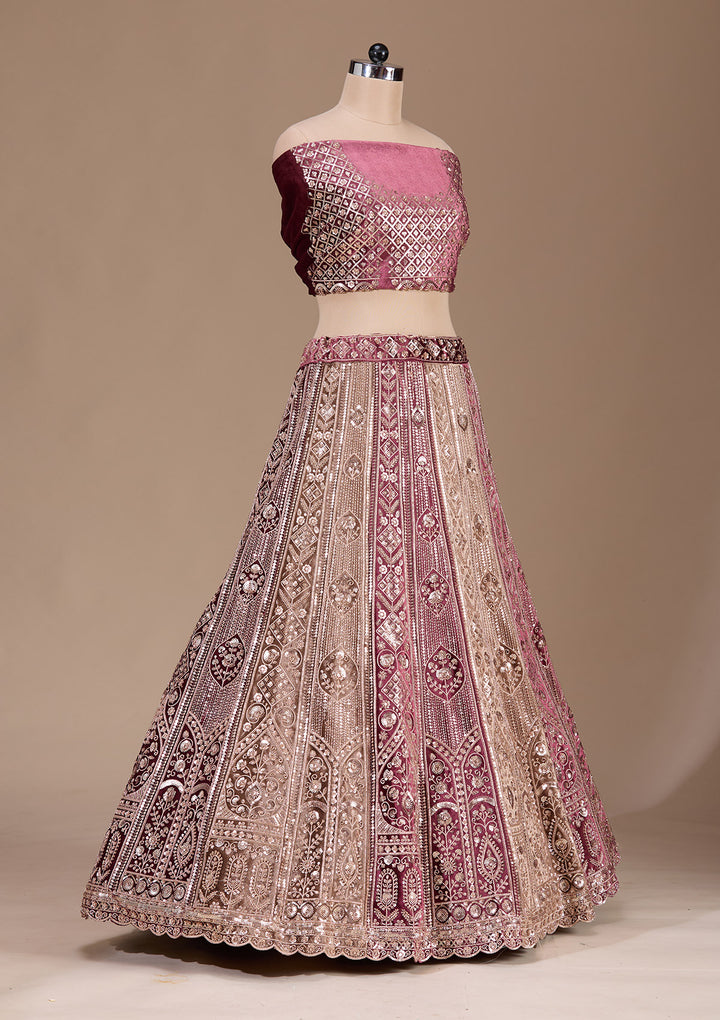 Wine Sequins Velvet Semi-Stitched Lehenga