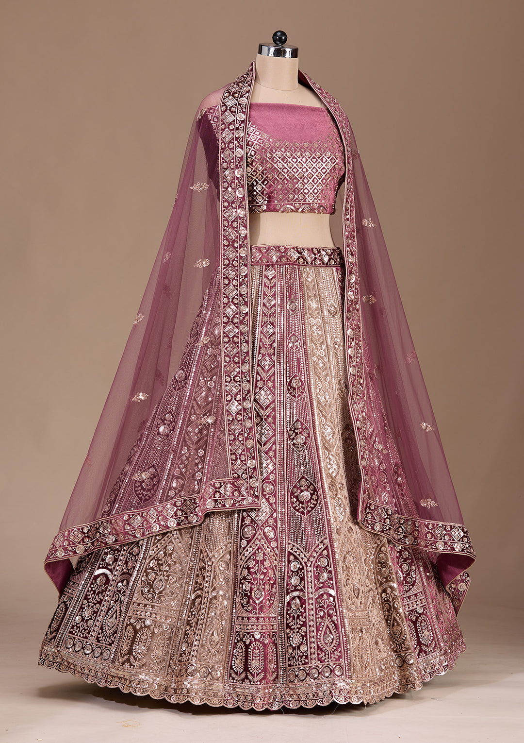 Wine Sequins Velvet Semi-Stitched Lehenga