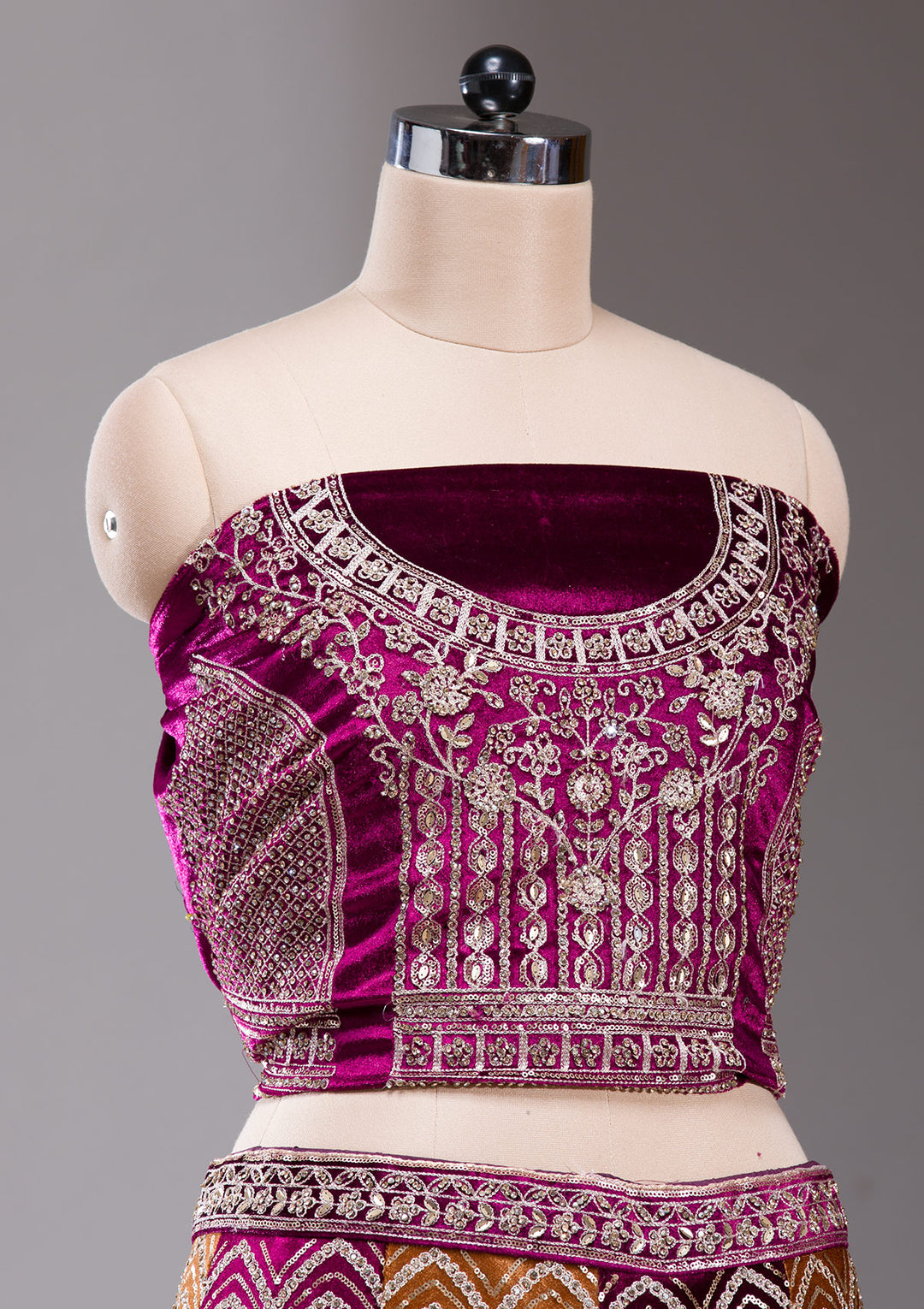 Wine Sequins Velvet Semi-Stitched Lehenga