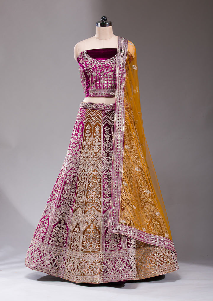 Wine Sequins Velvet Semi-Stitched Lehenga