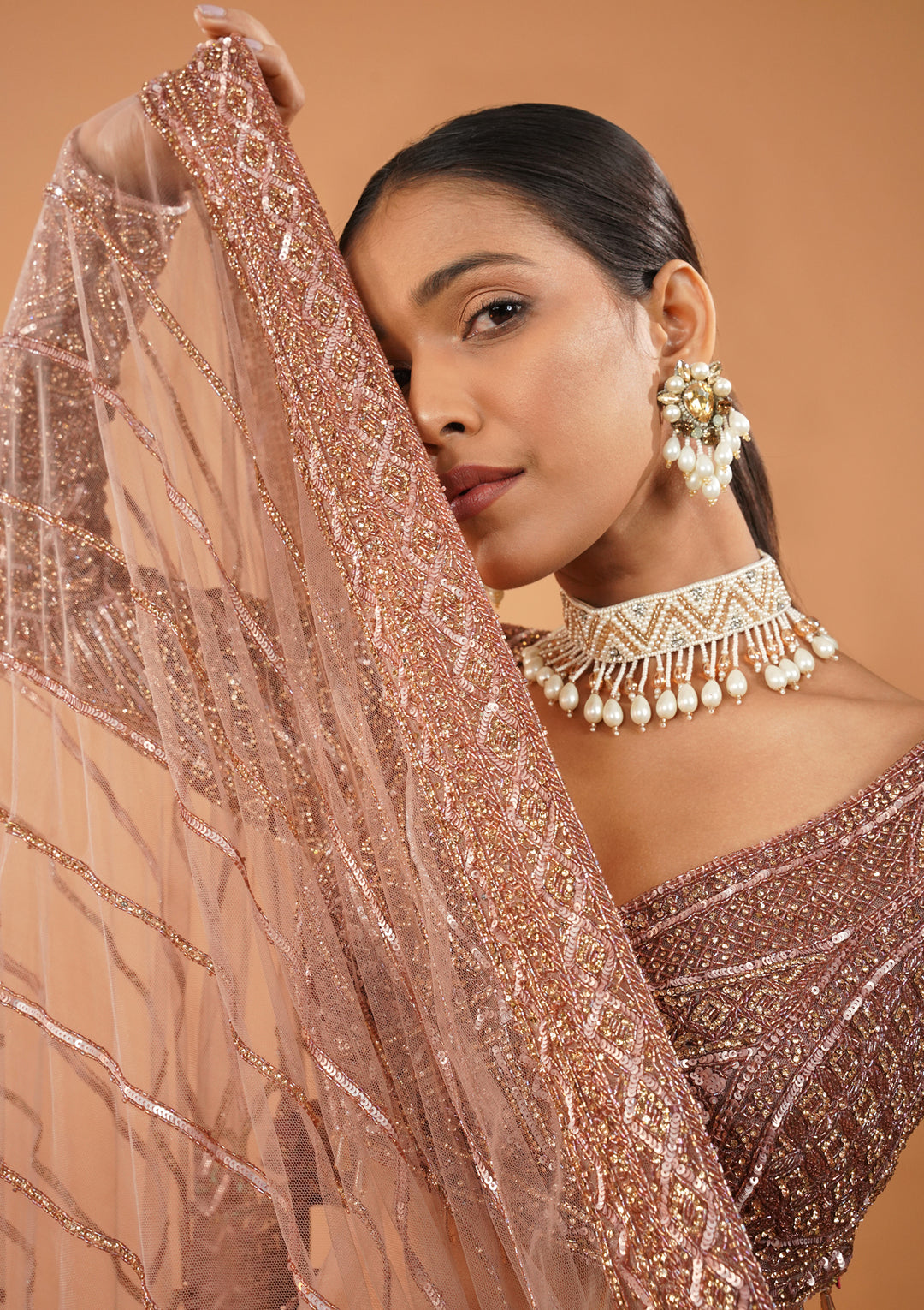 Rust Stonework Net Readymade Lehenga