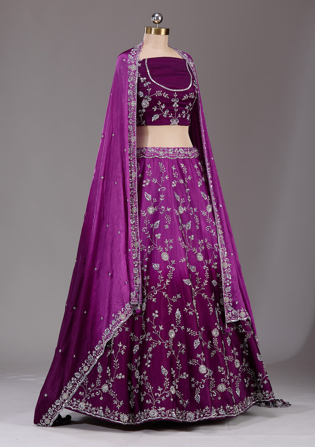 Wine Silver Zariwork Satin Readymade Lehenga