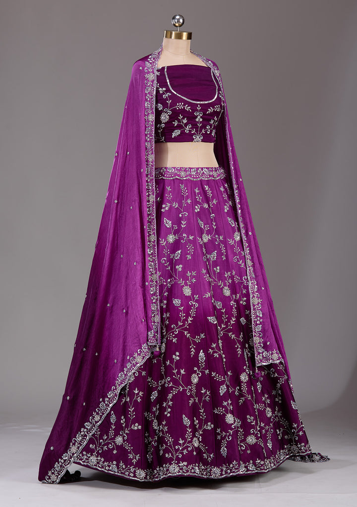 Wine Silver Zariwork Satin Readymade Lehenga