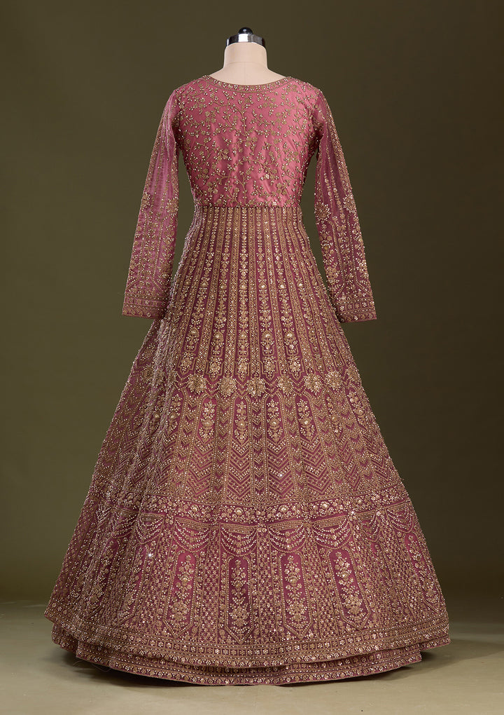 Onion Pink Stonework Net Readymade Lehenga