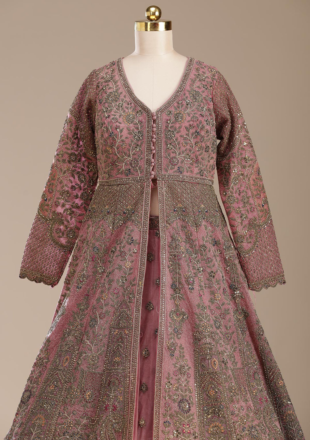 Onion Pink Zariwork (Antique) Net Readymade Lehenga