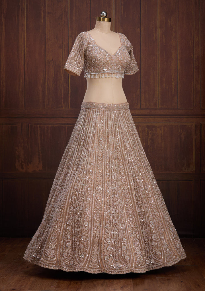 Beige Cording Net Readymade Lehenga