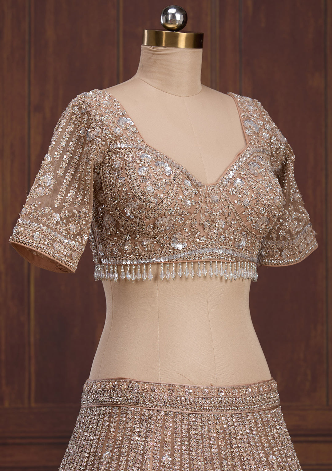 Beige Cording Net Readymade Lehenga