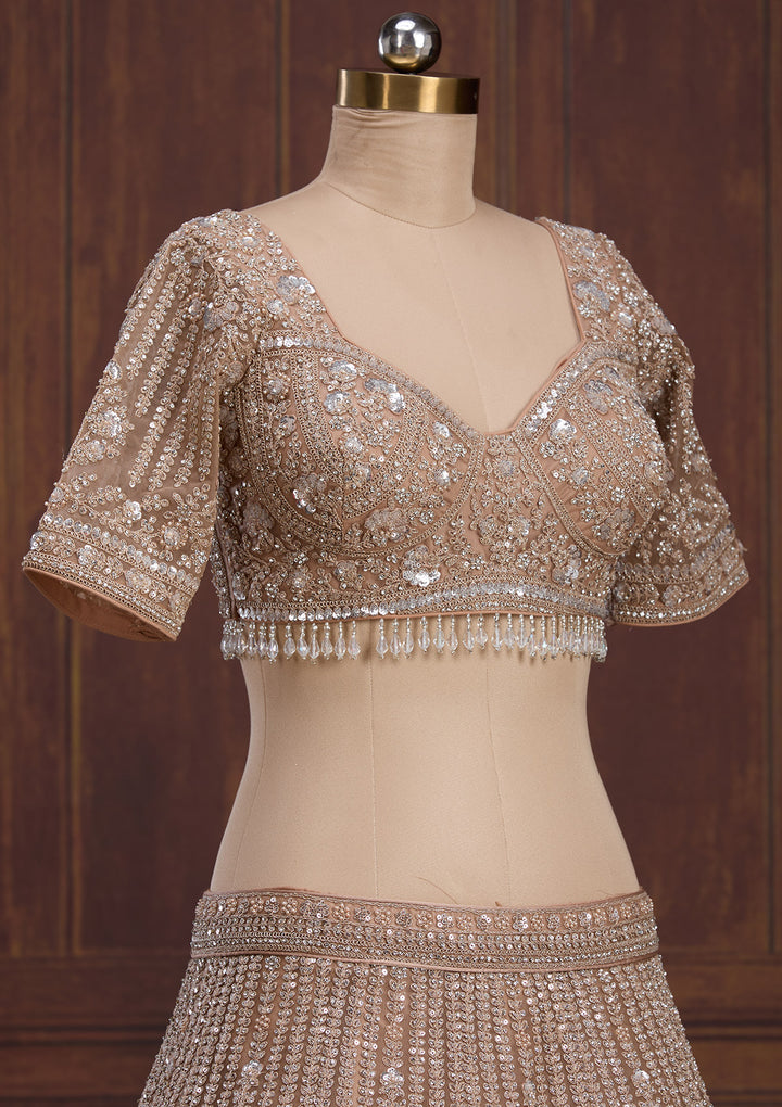 Beige Cording Net Readymade Lehenga