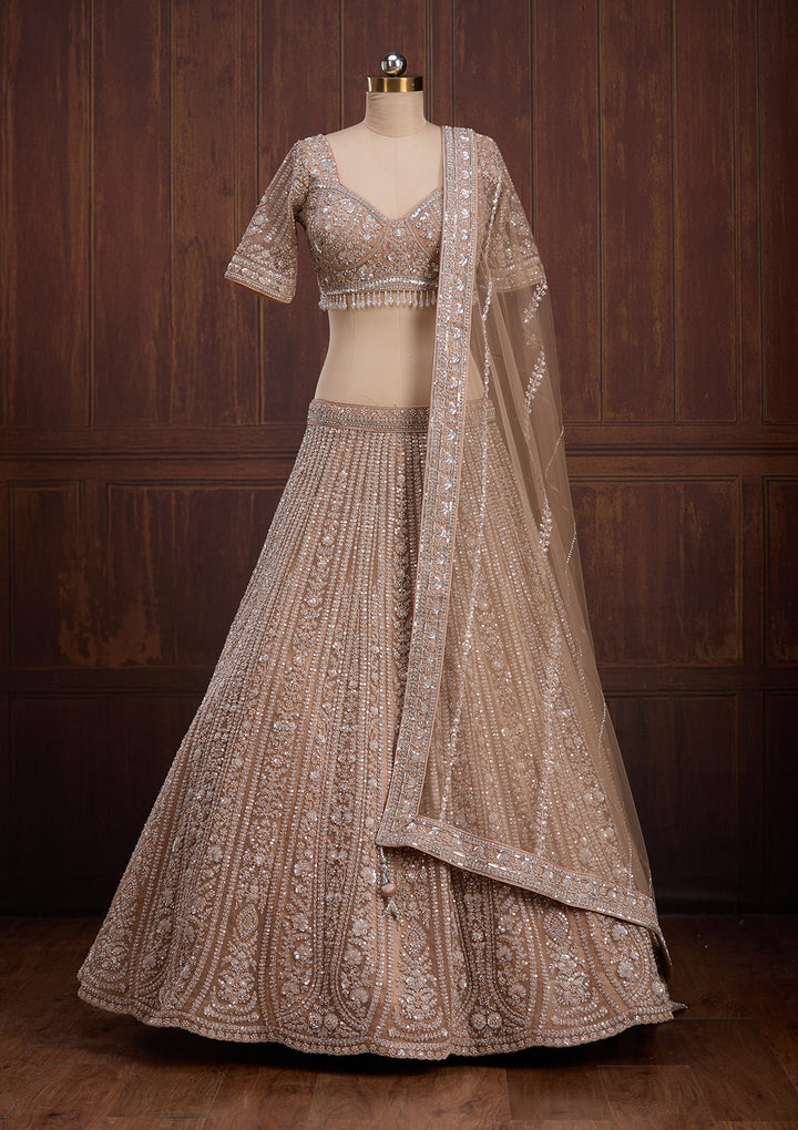Beige Cording Net Readymade Lehenga