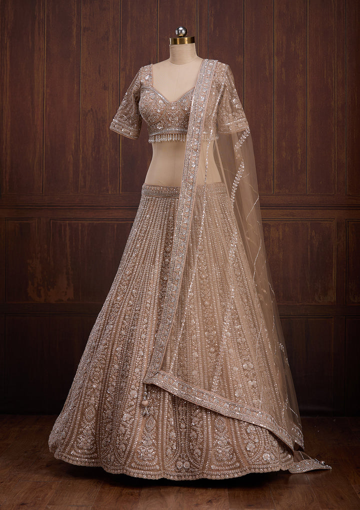 Beige Cording Net Readymade Lehenga