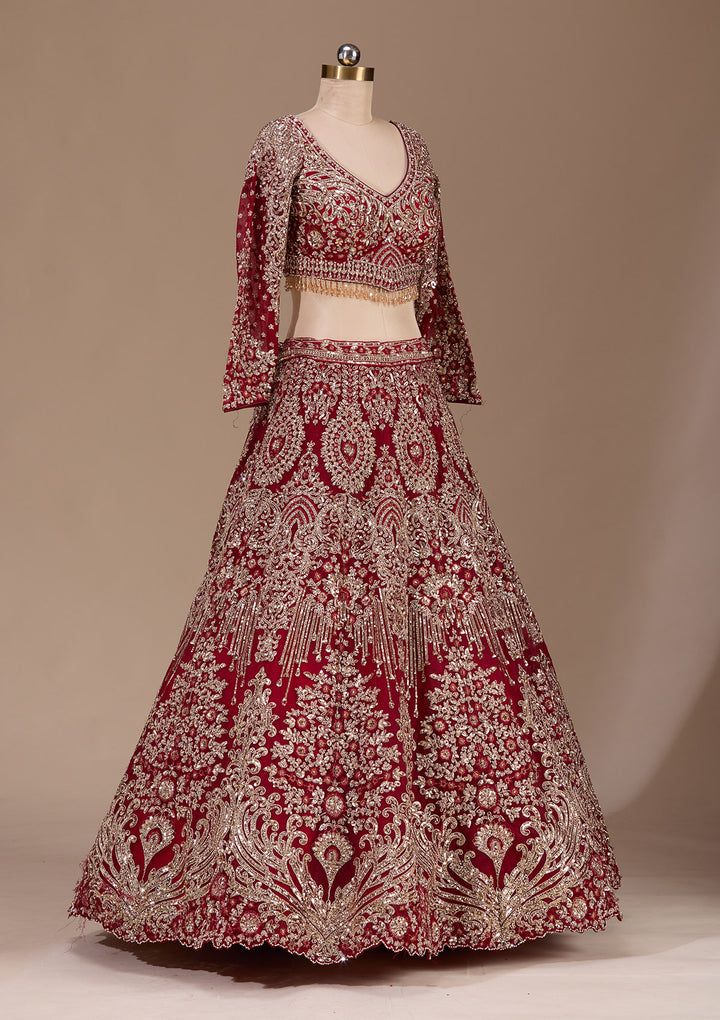 Maroon Sequins Net Readymade Lehenga