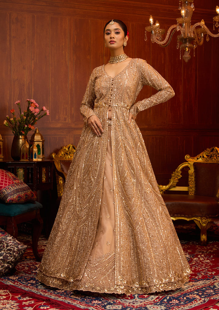 Beige Sequins Net Readymade Lehenga