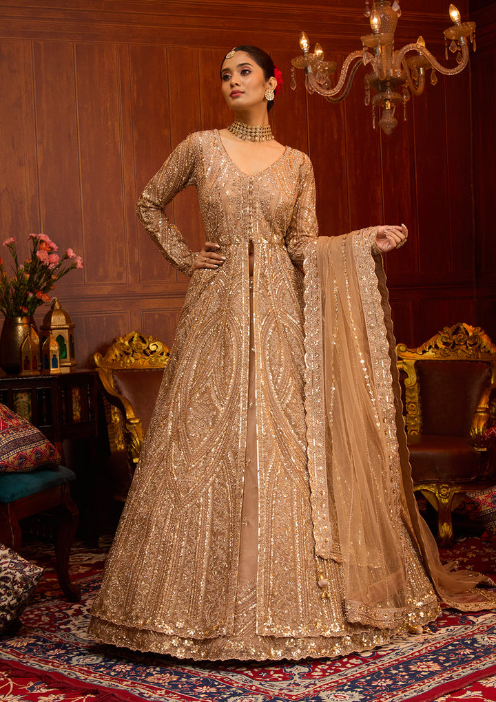 Beige Sequins Net Readymade Lehenga