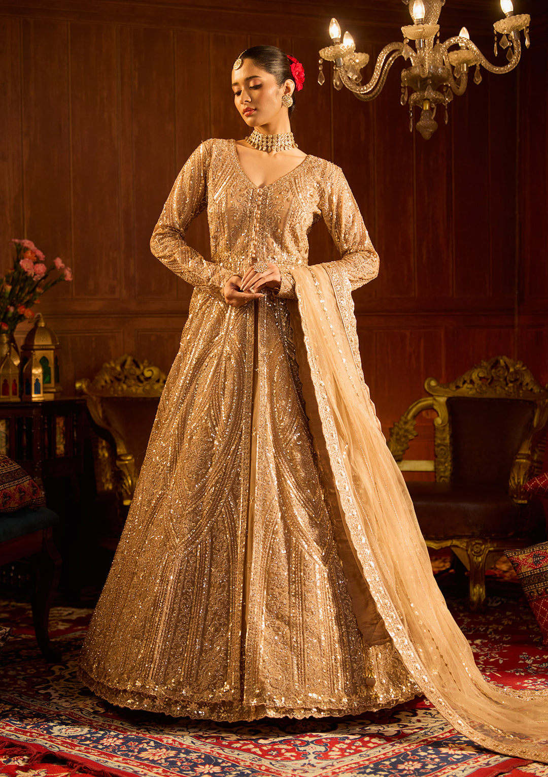 Beige Sequins Net Readymade Lehenga