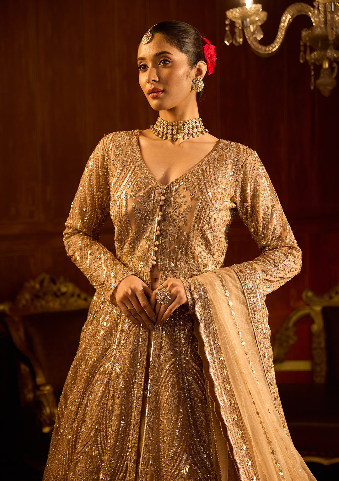 Beige Sequins Net Readymade Lehenga