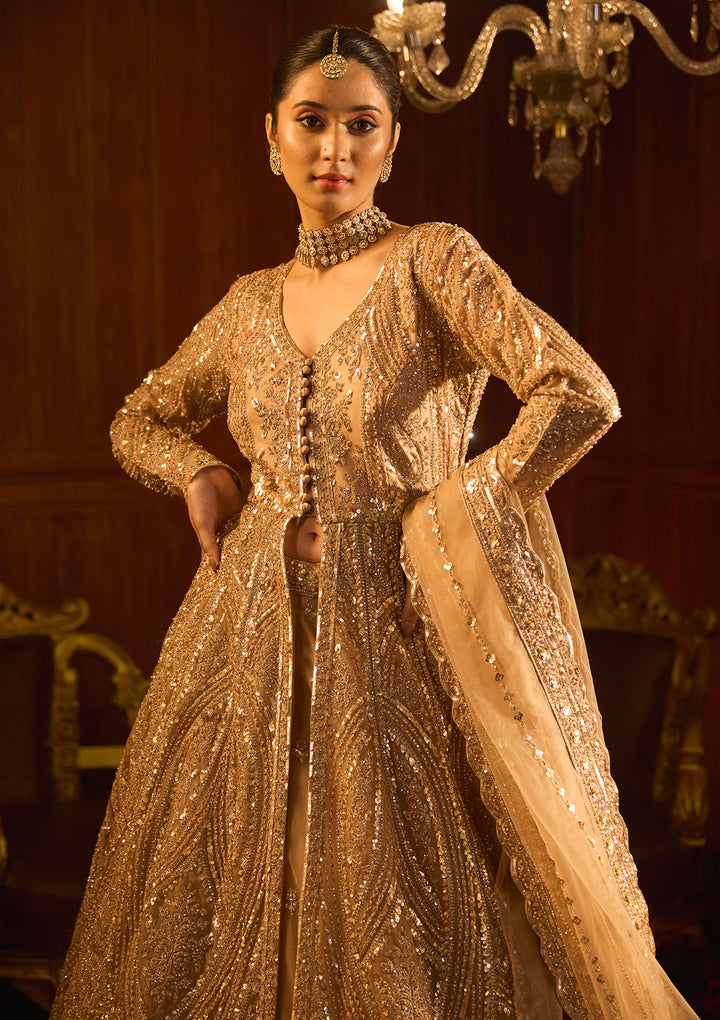 Beige Sequins Net Readymade Lehenga