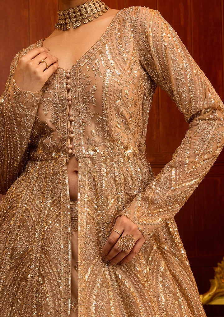 Beige Sequins Net Readymade Lehenga