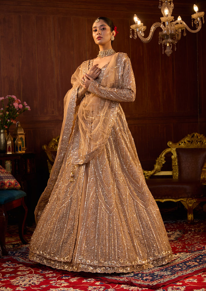 Beige Sequins Net Readymade Lehenga