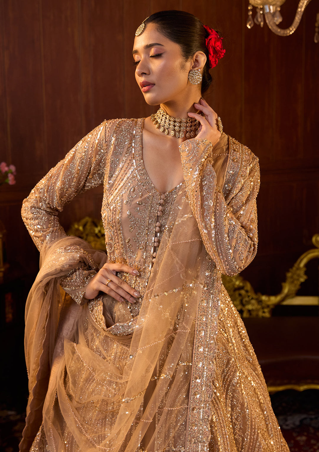 Beige Sequins Net Readymade Lehenga