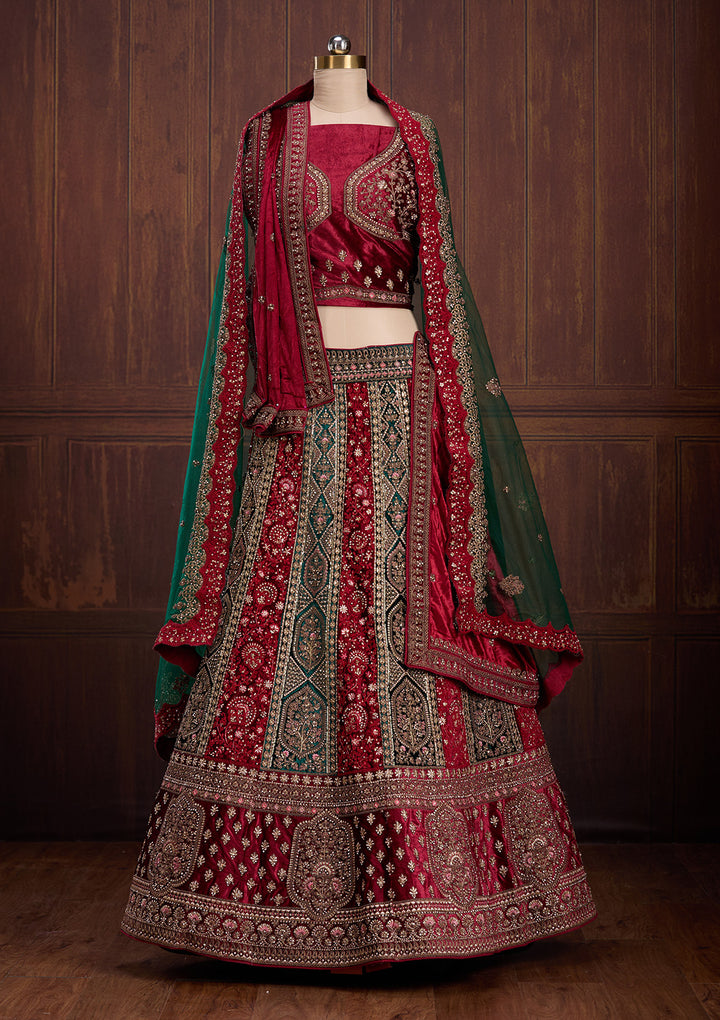 Bottle Green Cording Velvet Semi-Stitched Lehenga