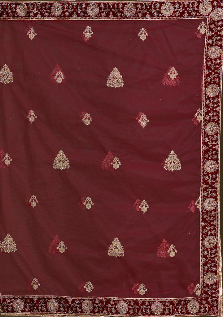 Maroon Cording Velvet Semi-Stitched Lehenga