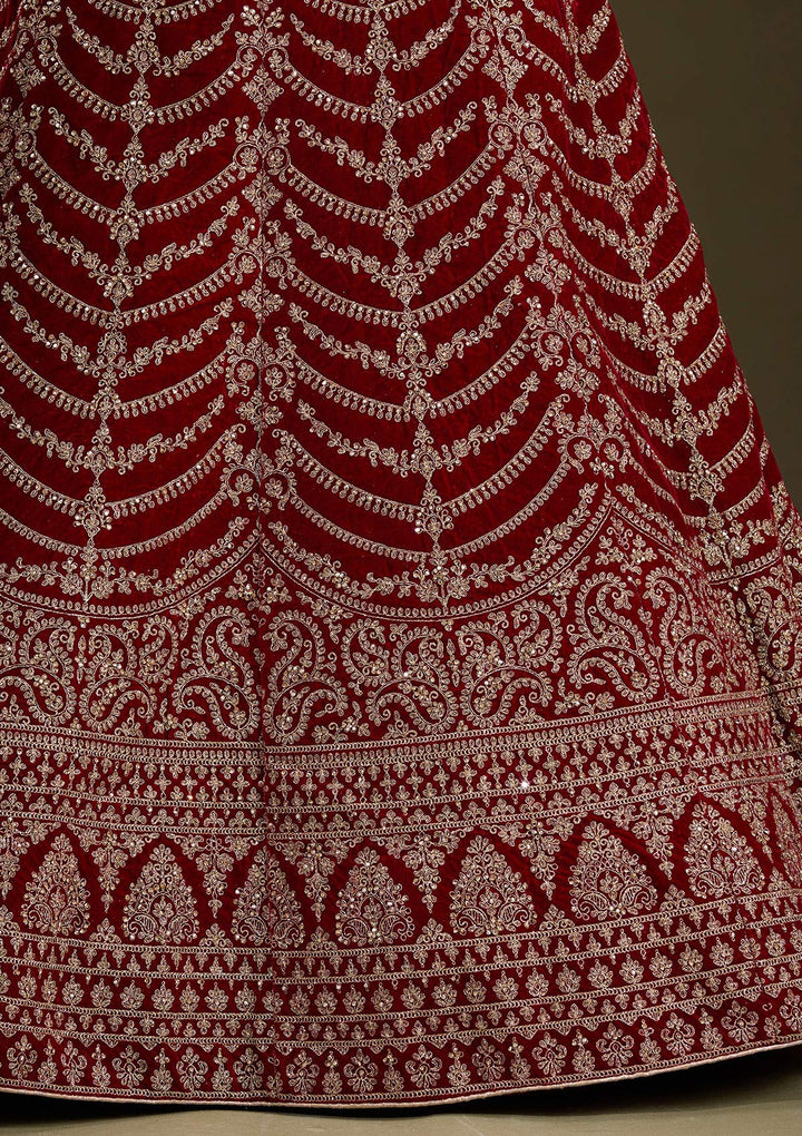 Maroon Cording Velvet Semi-Stitched Lehenga