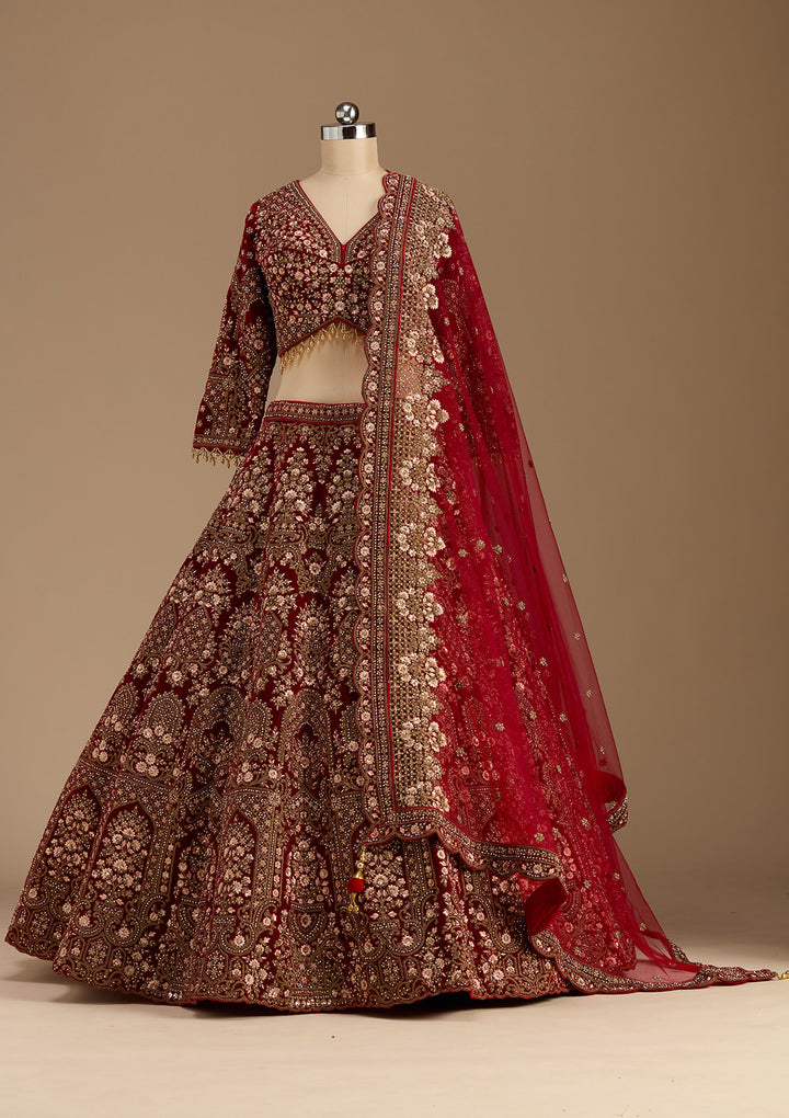 Maroon Cording Velvet Readymade Lehenga