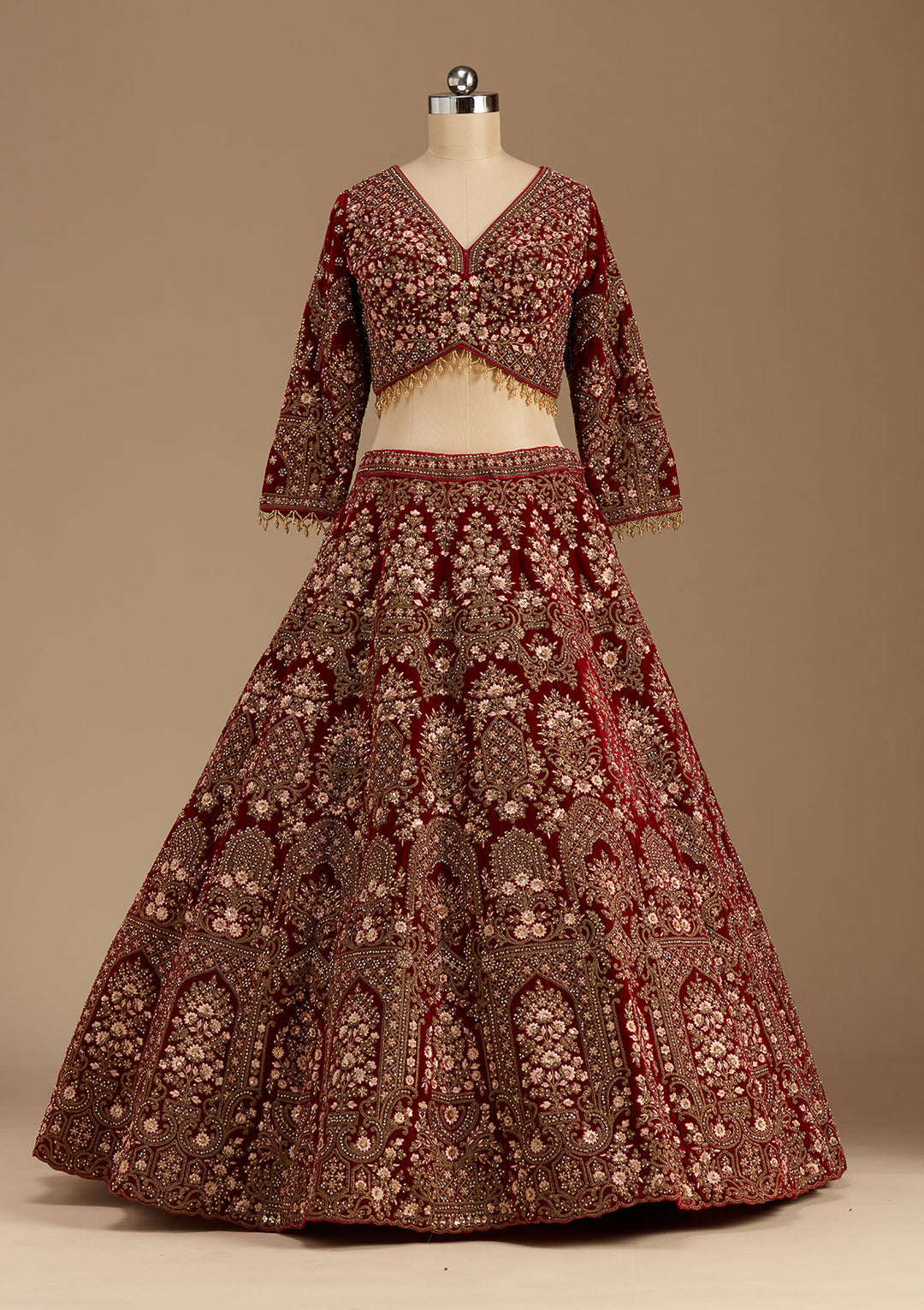 Maroon Cording Velvet Readymade Lehenga