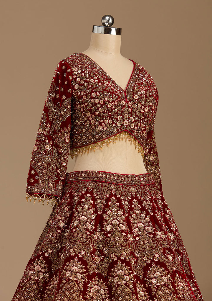 Maroon Cording Velvet Readymade Lehenga