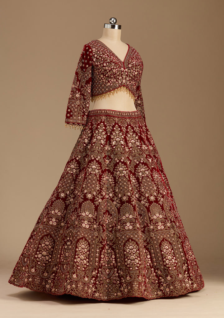Maroon Cording Velvet Readymade Lehenga