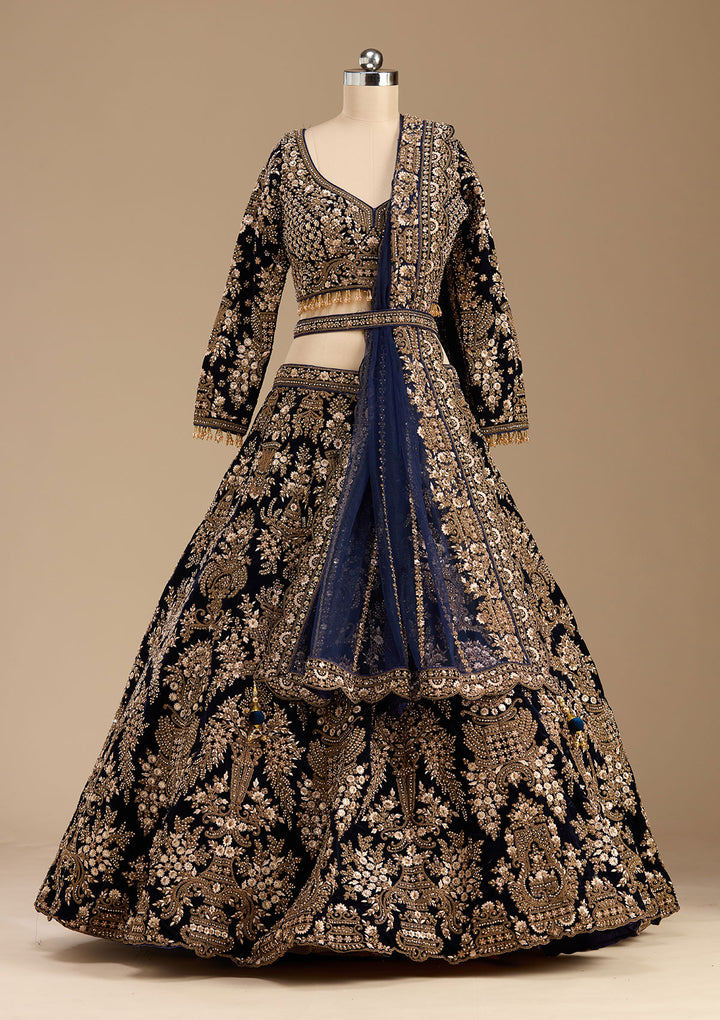 Blue Cording Velvet Readymade Lehenga