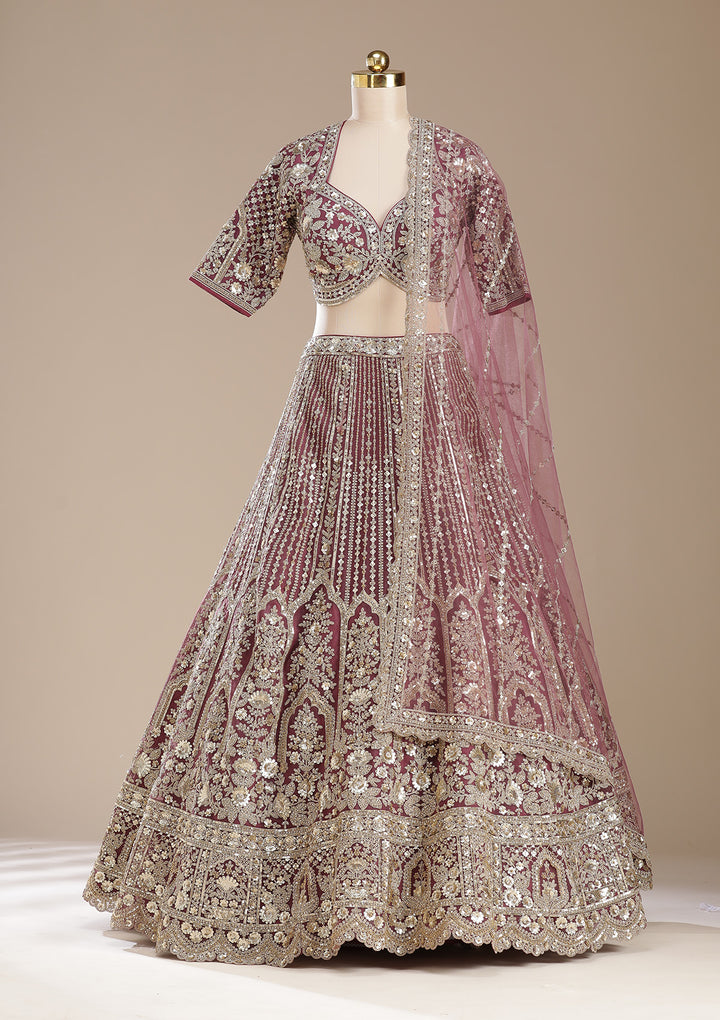 Onion Pink Sequins Net Readymade Lehenga
