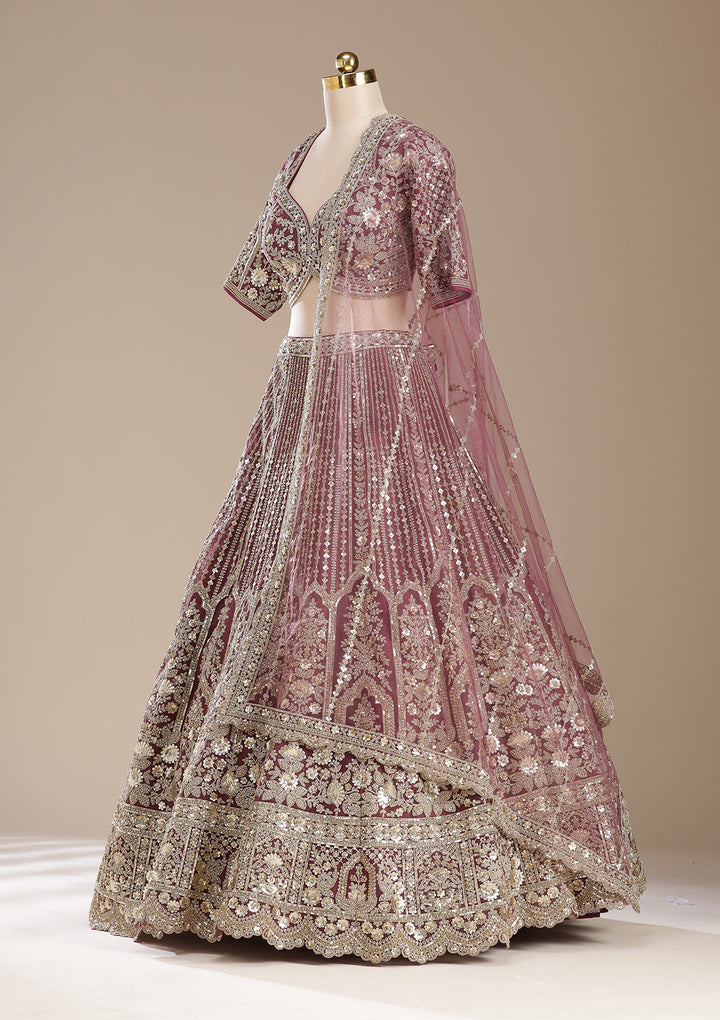 Onion Pink Sequins Net Readymade Lehenga