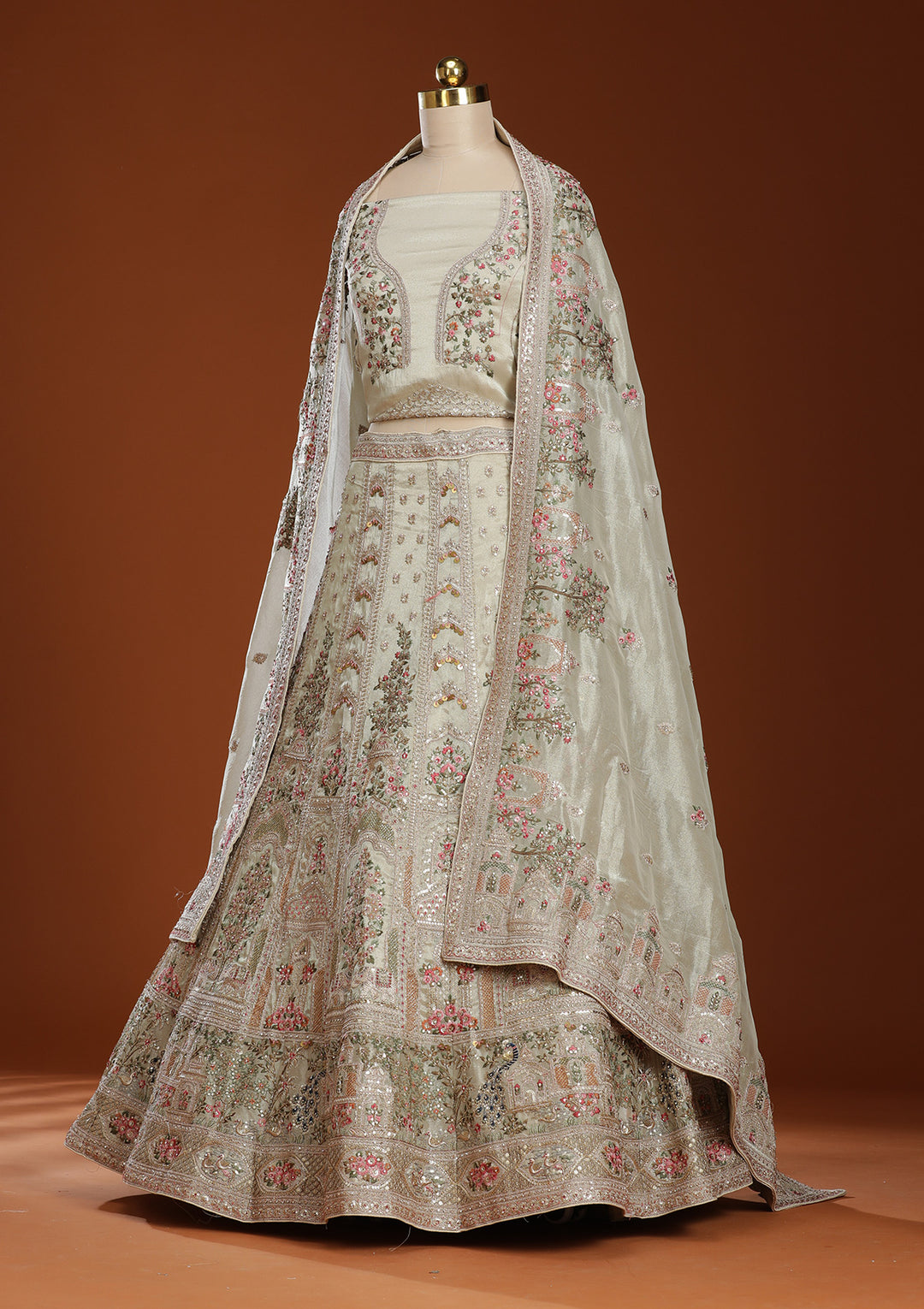 Wine Threadwork Organza Readymade Lehenga