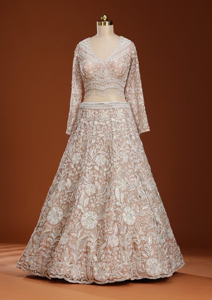 Pink Threadwork Organza Readymade Lehenga