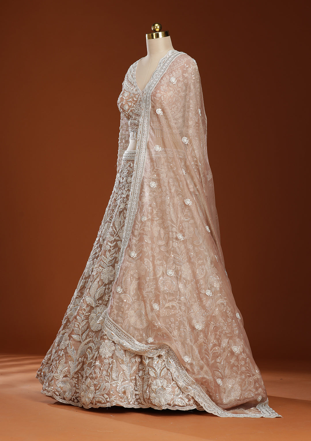 Pink Threadwork Organza Readymade Lehenga