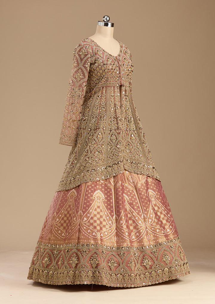 Onion Pink Cording Net Readymade Lehenga