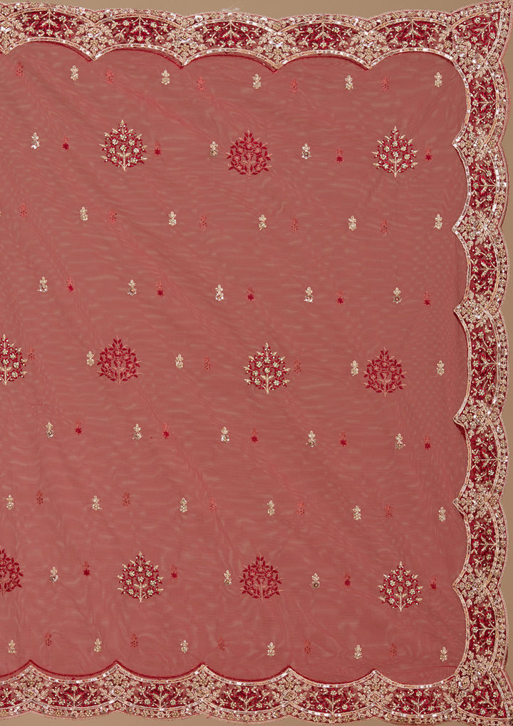 Dark Maroon Applique Net Readymade Lehenga