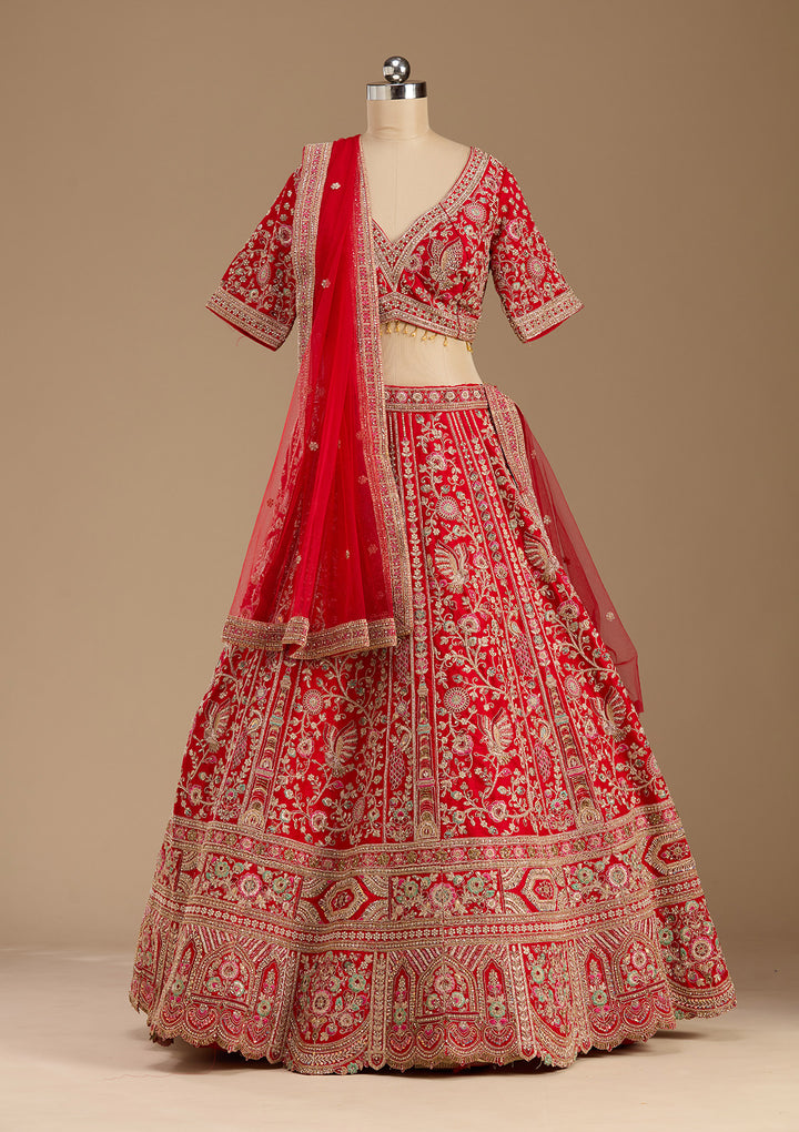 Red Cording Raw Silk Readymade Lehenga