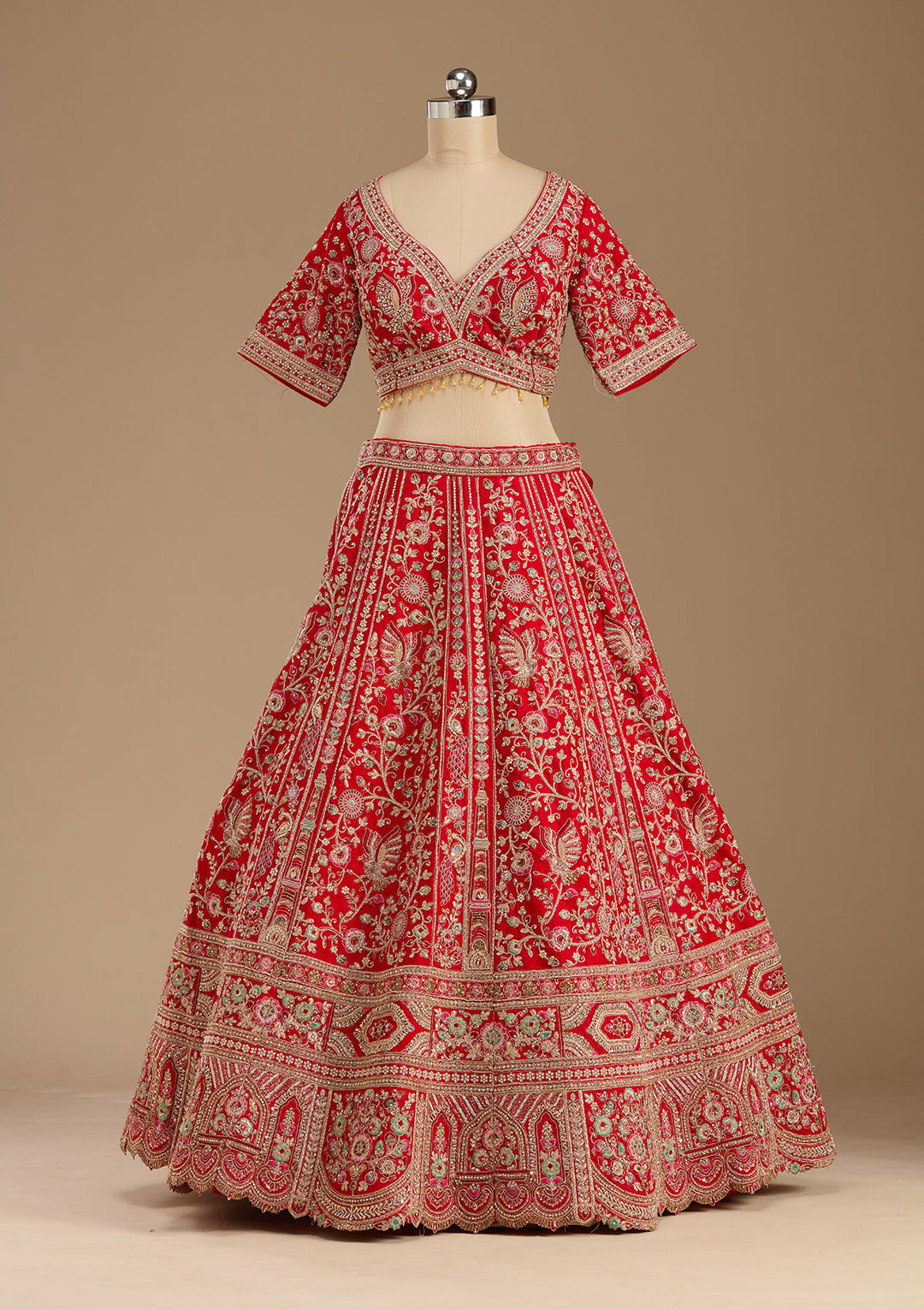 Red Cording Raw Silk Readymade Lehenga