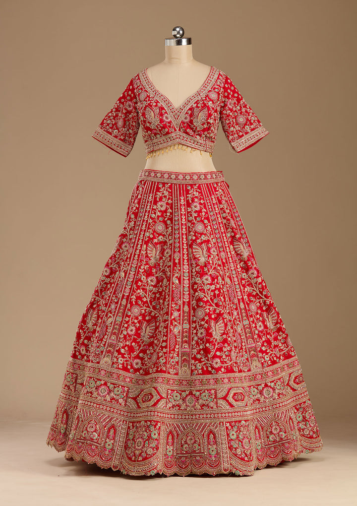 Red Cording Raw Silk Readymade Lehenga