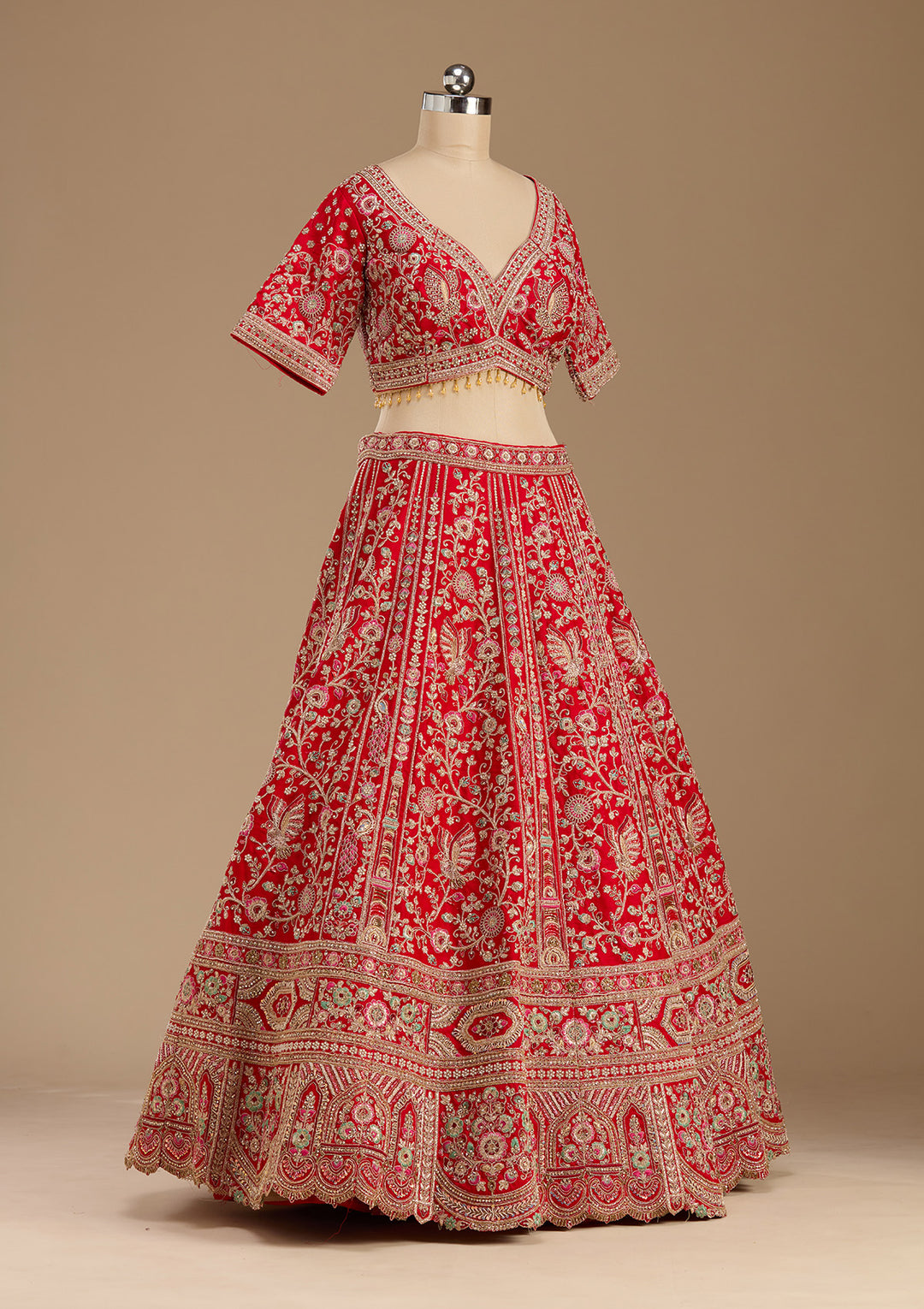 Red Cording Raw Silk Readymade Lehenga