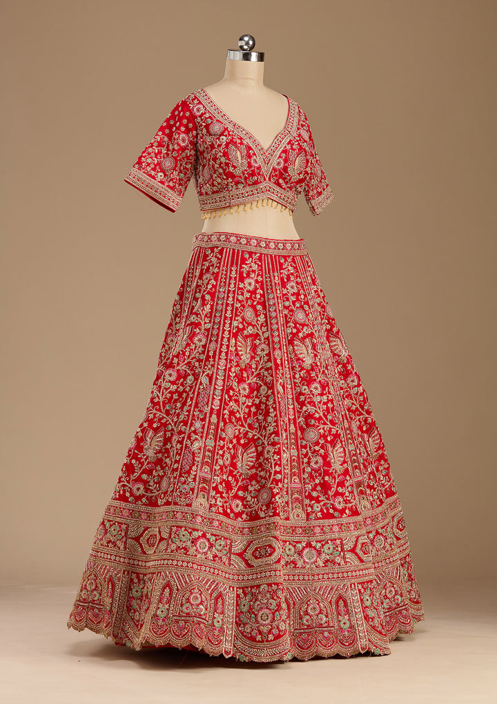 Red Cording Raw Silk Readymade Lehenga