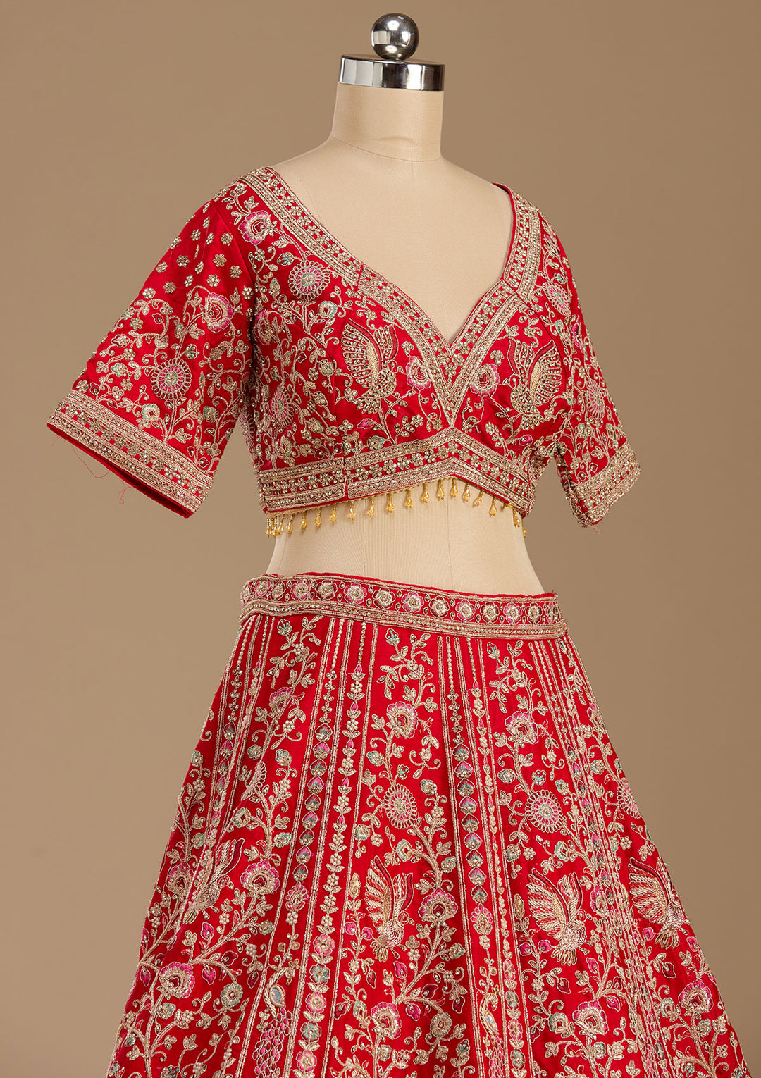 Red Cording Raw Silk Readymade Lehenga