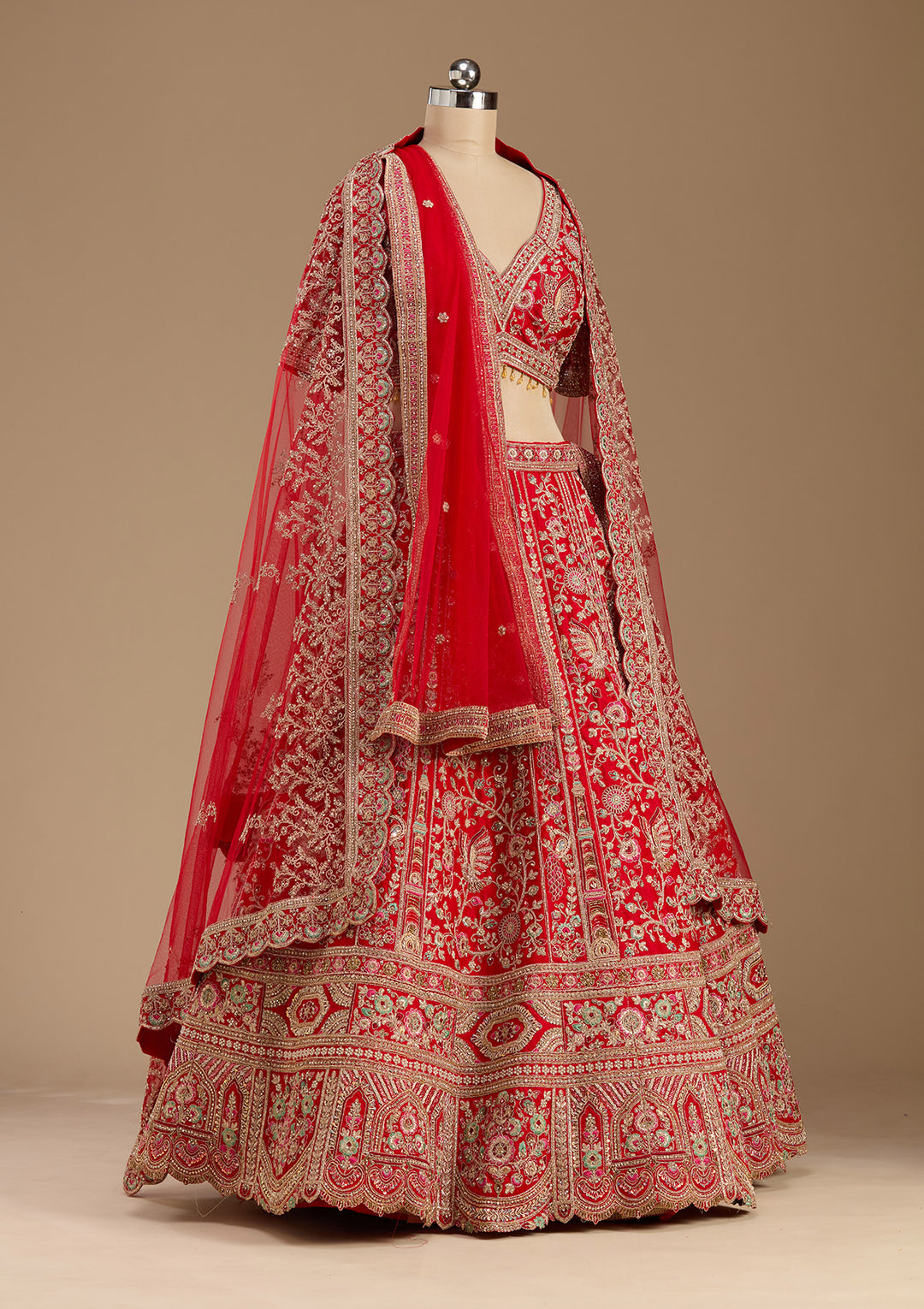 Red Cording Raw Silk Readymade Lehenga