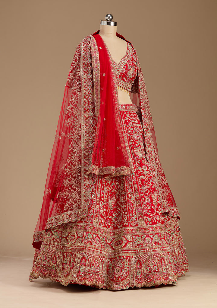 Red Cording Raw Silk Readymade Lehenga