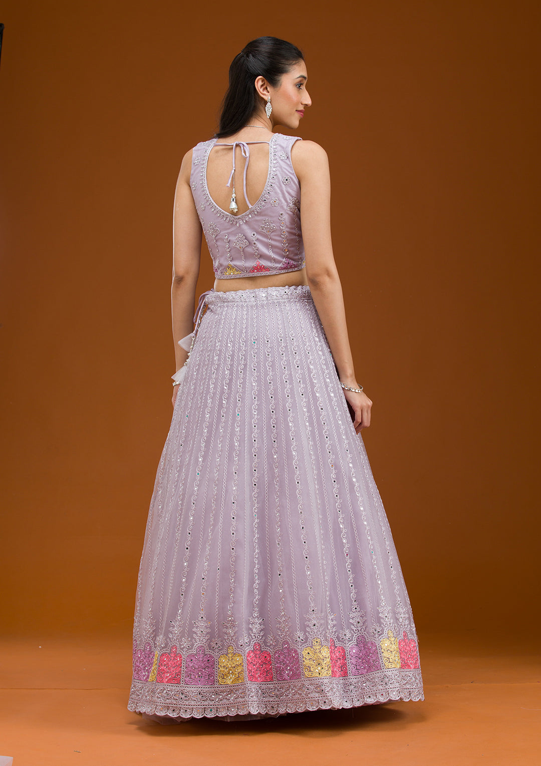 Light Grey Threadwork Net Readymade Lehenga