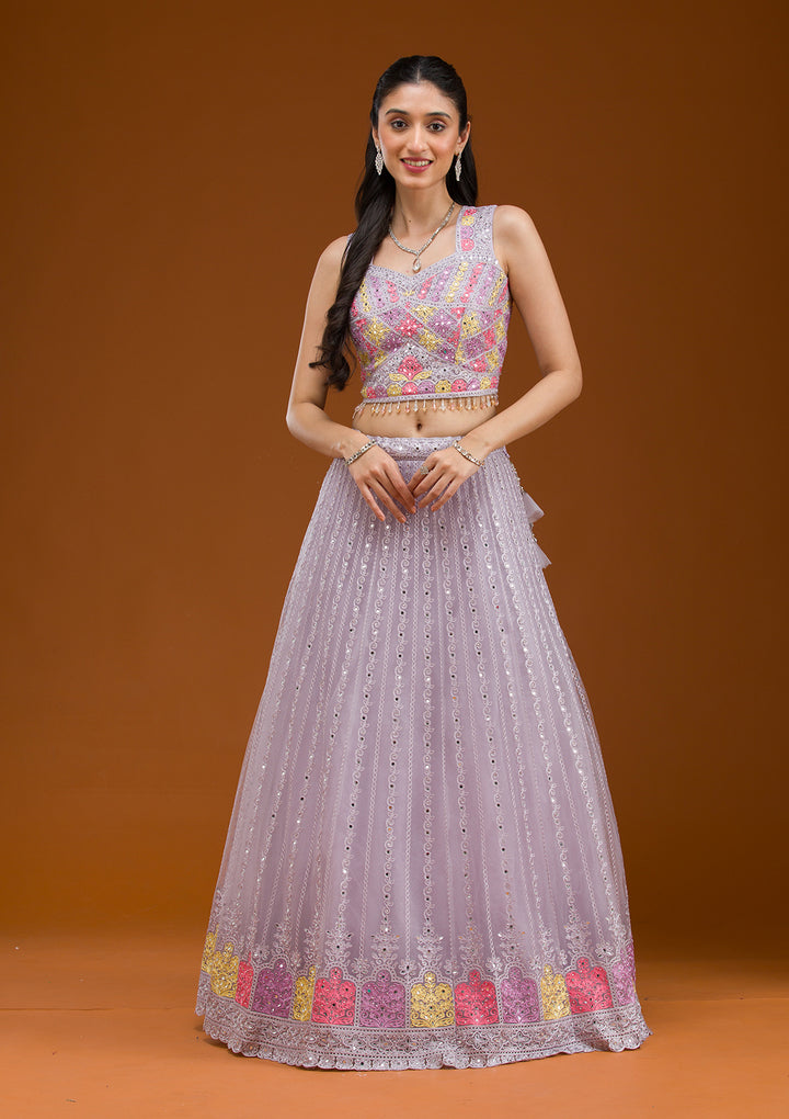 Light Grey Threadwork Net Readymade Lehenga