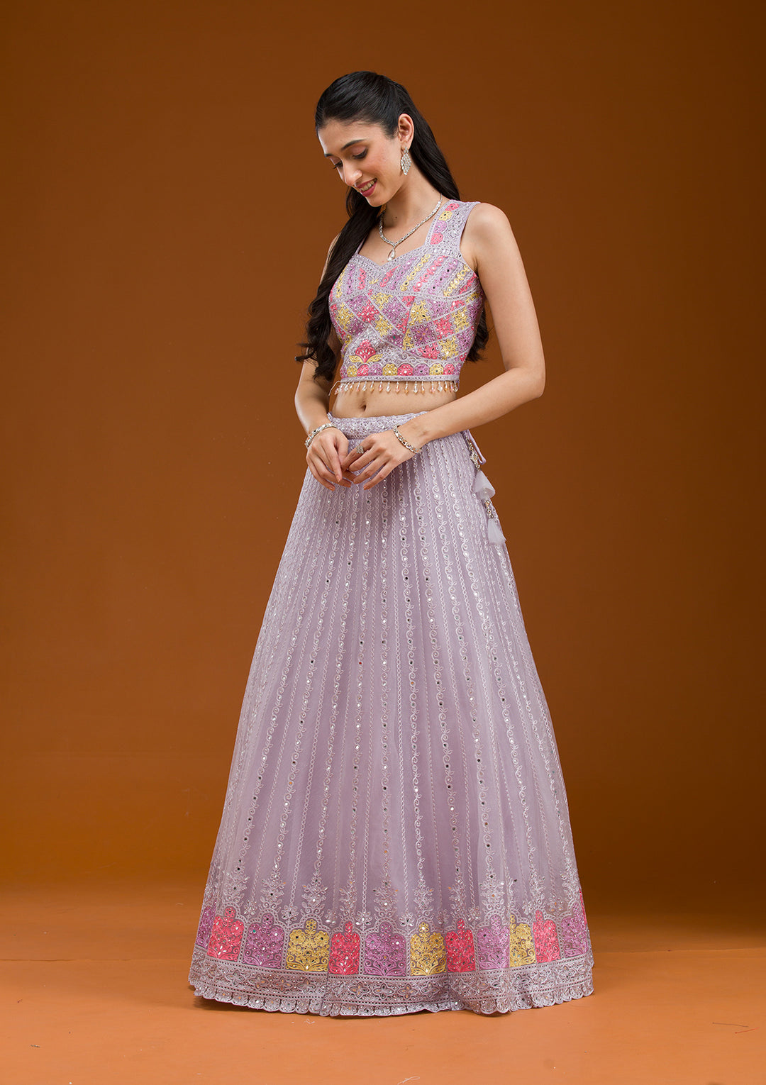 Light Grey Threadwork Net Readymade Lehenga