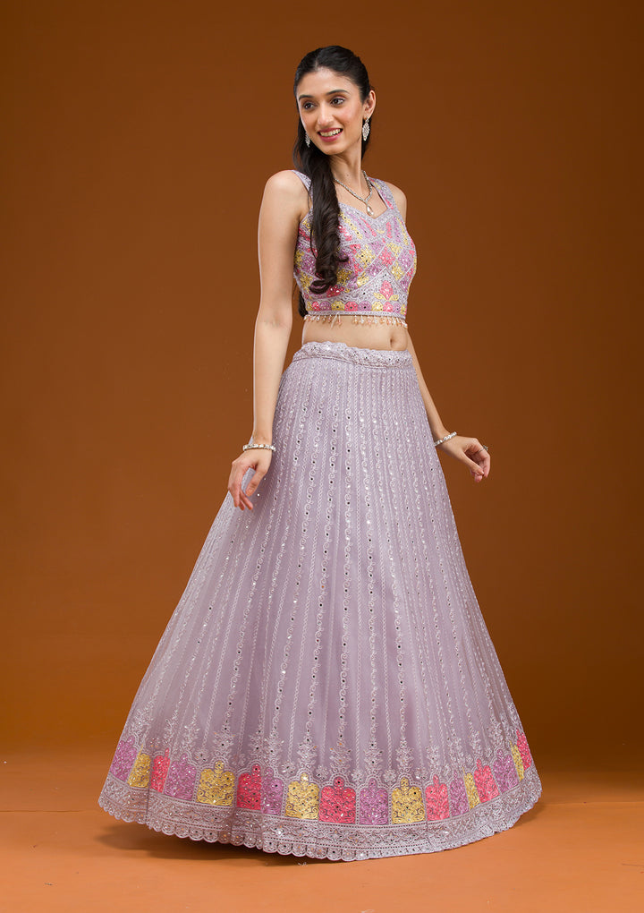 Light Grey Threadwork Net Readymade Lehenga